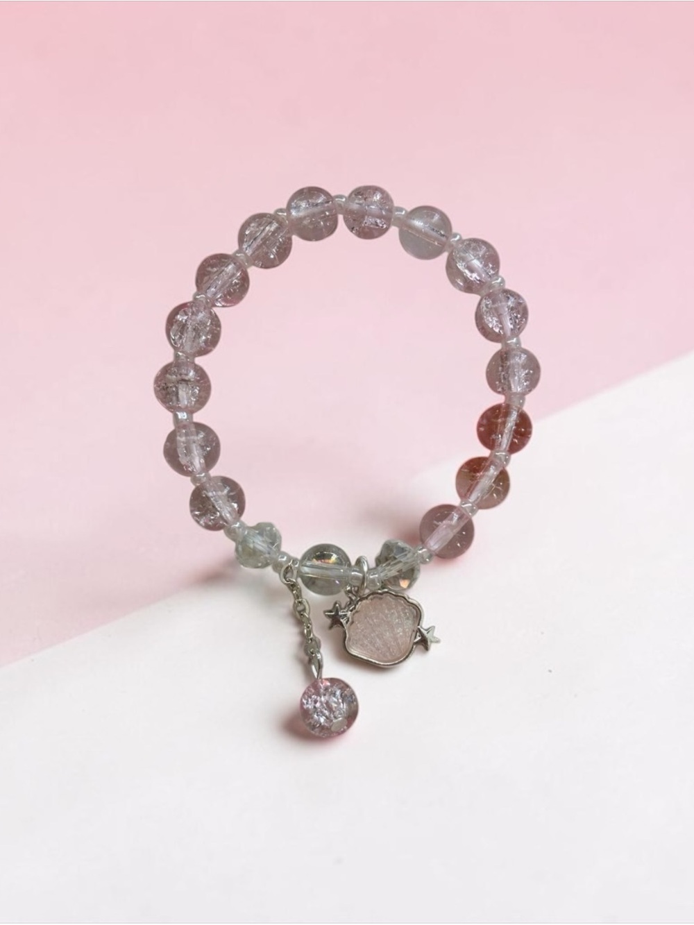 Pink Crackle Glass Bead Stretch Bracelet Shell Star Charm Mermaidcore Jewelry